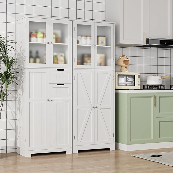 67'' Tall Bathroom Storage Cabinet, Linen Cabinet with Glass Doors and Adjustable Shelves, Kitchen Pantry with 2 Drawers for Bathroom, Living Room, Dining Room, White