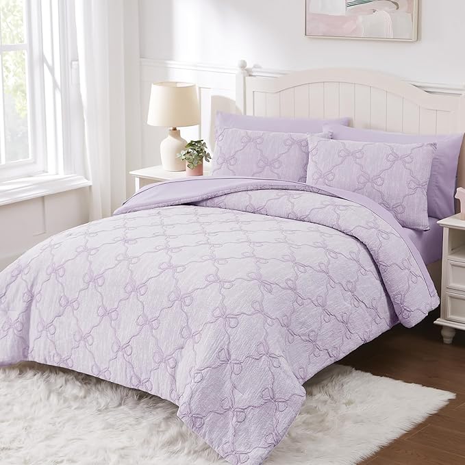 Full Size Comforter Sets with Sheets for Girls-7 Pieces Full Size Bedding Sets with Light Purple Comforter, Sheets, Pillowcases & Shams for Kids (Purple Diamond, 76" X 86")