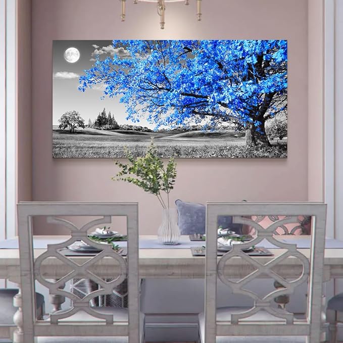 Wapluam Large Canvas Wall Art For Living Room & Bedroom - Black & White Wall Paintings - Blue Tree Scenery - 24" X 48