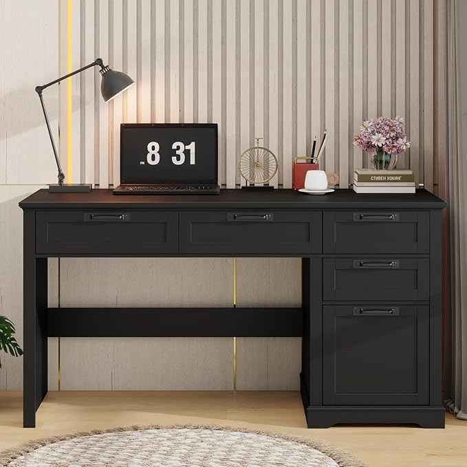 Vabches 55" Farmhouse Home Office Desk with File Drawer, Executive Computer Desk with 4 Storage Drawers, Rustic Computer Desk for Working, Studying, Writing, Black