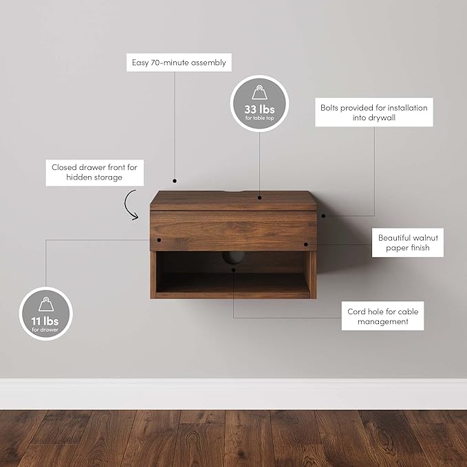Nathan James Jackson Wall Mounted Floating Bedroom Nightstand with Storage Drawer and Modern Open Shelf Cubby, Dark Brown Walnut