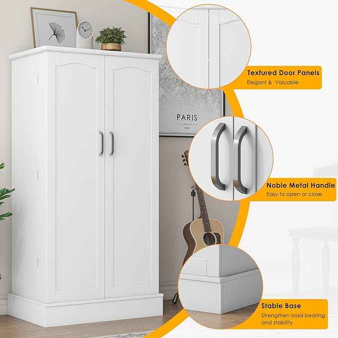 47” Pantry Cabinet, Kitchen Pantry Storage Cabinet with Doors and Adjustable Shelves,Freestanding Buffet Cupboards Sideboard for Living Room and Dinning Room (White)