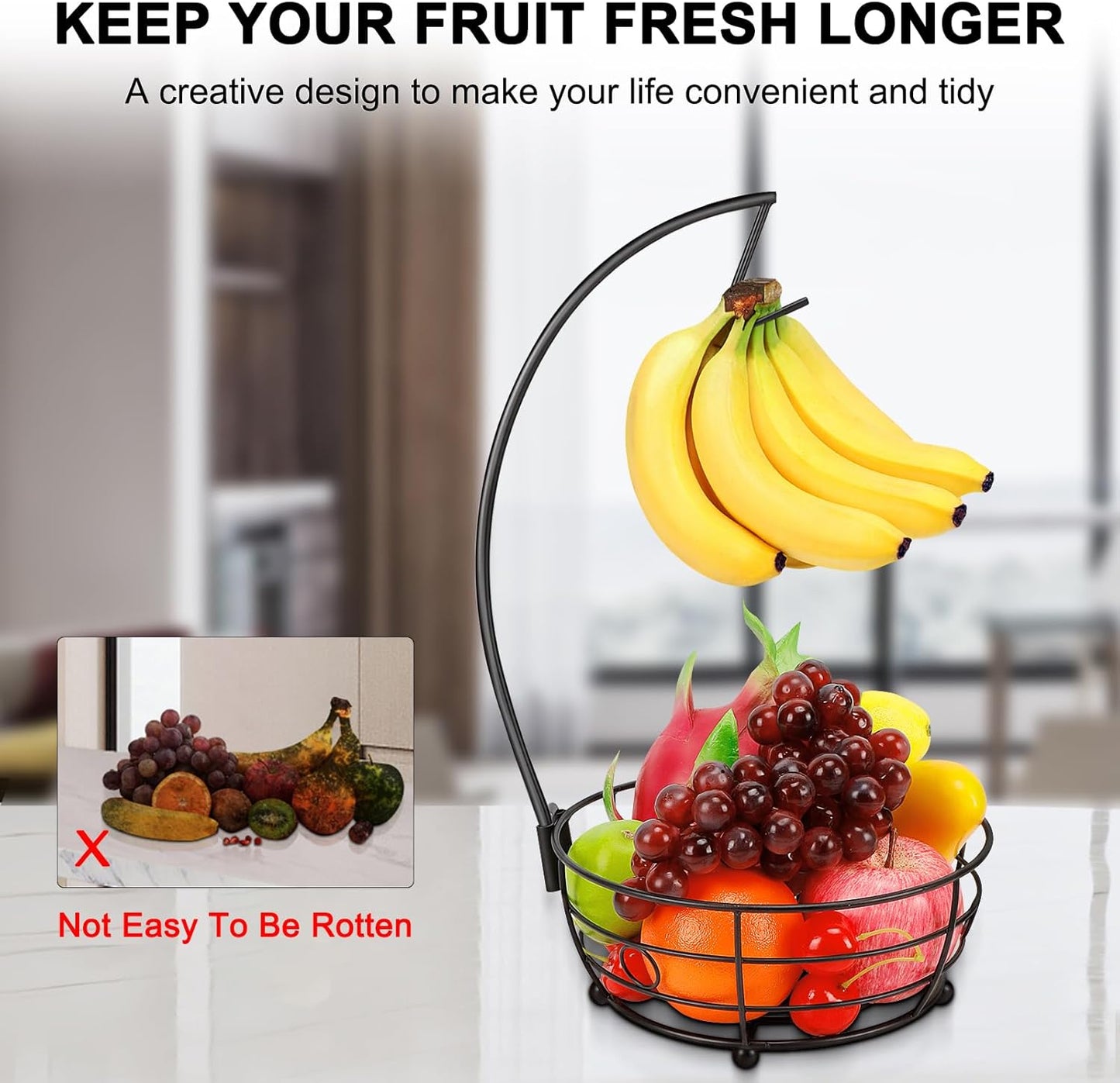 Livabber Countertop Fruit Basket Bowl with Banana Hanger, Modern Standing Fruit Vegetable Bowl Storage, with Banana Tree Holder for Kitchen Dinning Table (Round Metal, Black)