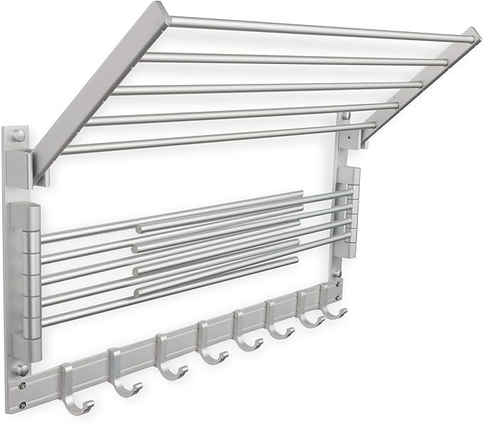 brightmaison BGT Wash Clothes Drying Rack Wall Mount Laundry Room Organizer with Hooks & Swing Arms, 24" Metal Laundry Rack Silver