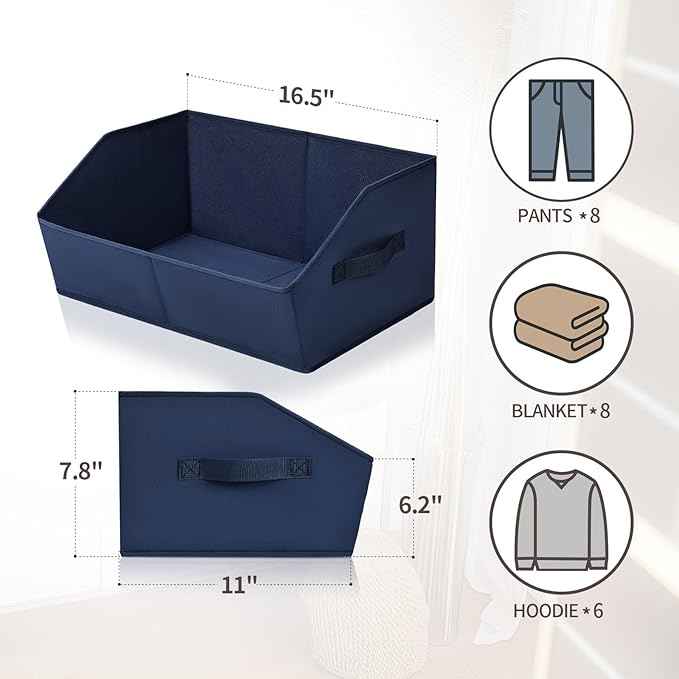Closet Baskets for Shelves Trapezoid - Decorative Storage Baskets with Handle, Closet Bins for Organization, Shelf Storage Bins for Clothes, Books, Home, Office, 3 Pack, Navy Blue
