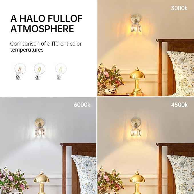 Vintage Wall Sconces Set of 2 with Amber Tulip Glass Lampshade 180 Degree Adjustable Brass Sconces Hradwired Modern Wall Lighting Fixture with Switch for Bedside Bedroom Doorway