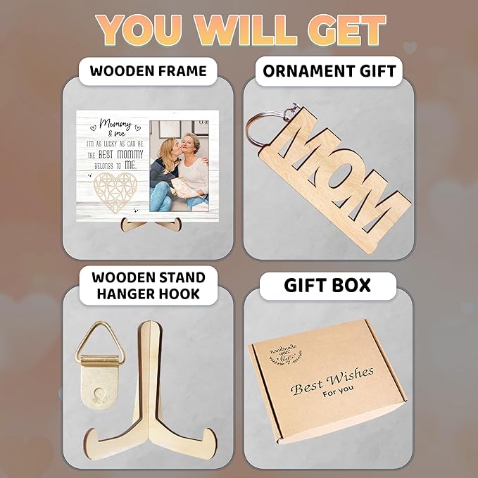 4x6 Covered Mommy and Me Picture Frame Portrait with Keychain, I'm as Lucky as Can Be Wooden Photo Plaque Appreciation Mothers Day Birthday Gifts for New Mom Grandma Nana from Son Daughter HU-FR323