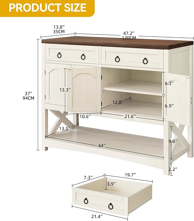 DWVO 47.2" Buffet Sideboard Cabinet with Storage, Farmhouse Coffee Bar Cabinet w/2 Drawers, Wood 4-Doors Console Table with Adjustable Shelves for Kitchen, Dining Room, Living Room, Entryway (White)