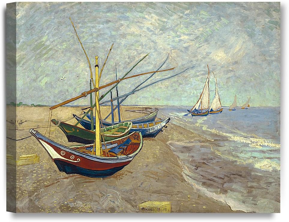 DECORARTS - Fishing Boats on the Beach by Vincent Van Gogh Art Reproduction. Giclee Canvas Prints Wall Art for Home Decor 20x16