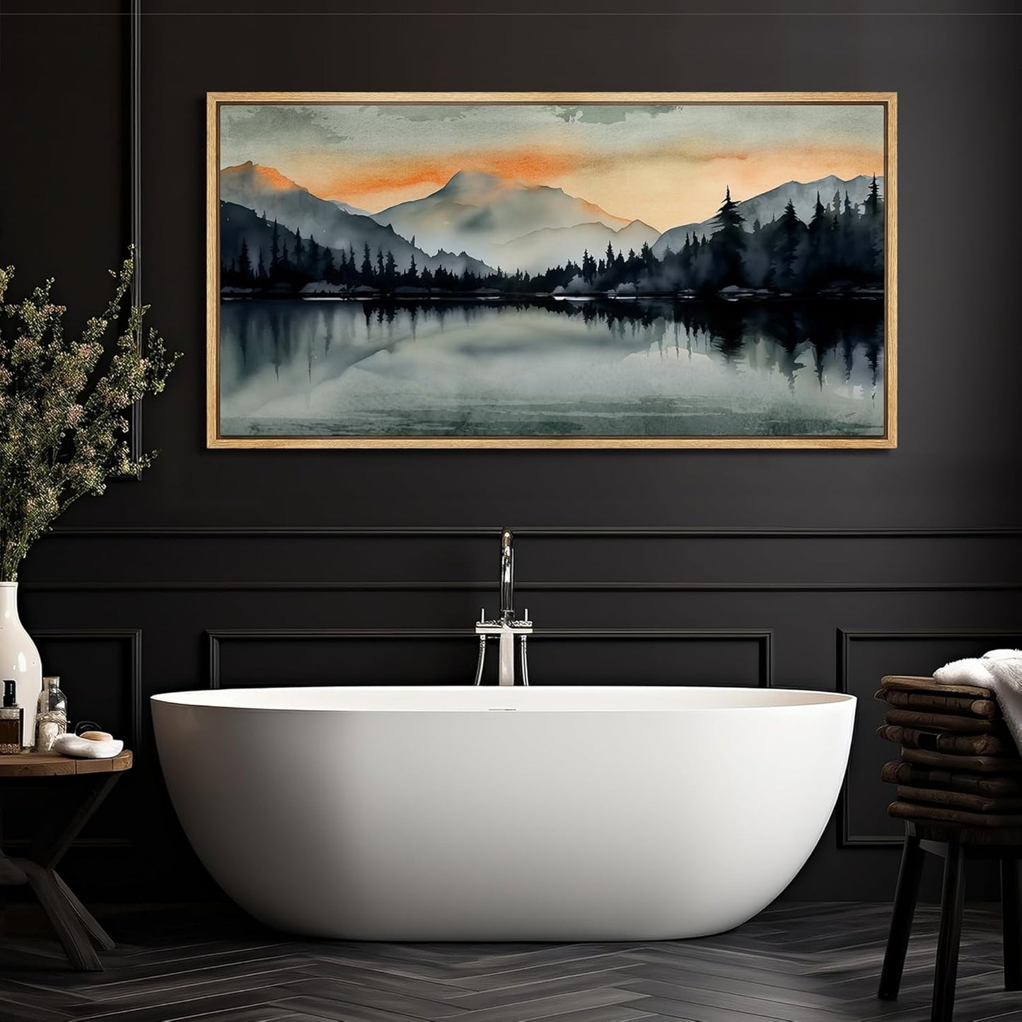 MUDECOR Extra Large Framed Canvas Print Wall Art Sunset Mountain Range and Lake Panoramic Antique Retro Fine Art Illustrations Decorative Colorful for Bedroom - 60"x30"