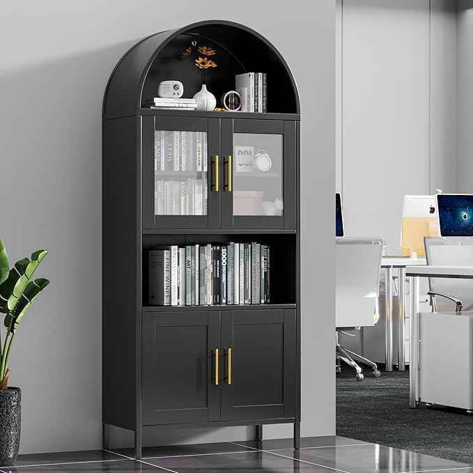 Metal Arched Cabinet with Glass Doors, Tall Arch Display Bookshelf, Kitchen Pantry Cabinet for Home Office,Required Assembly(Black)