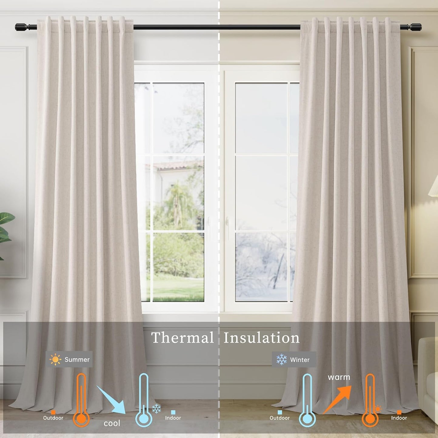 BOODII Blackout Curtains for Bedroom 80 Inch Length 2 Panels Set Room Darkening Linen Curtains Sand Beige Black Out Curtain Neutral Thermal Insulated Living Room Nursery Drapes Back Tab 52x80