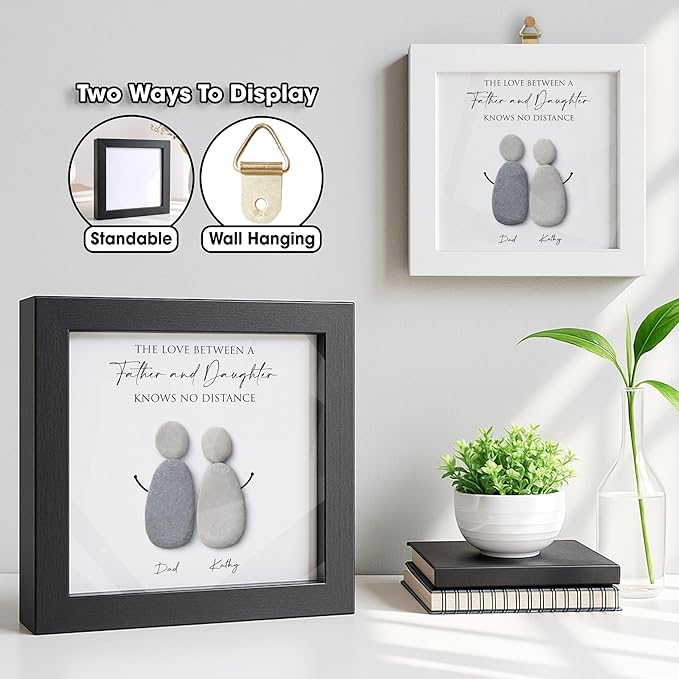 Personalized Father and Daughter Pebble Art Frame, Custom Natural Stone Artwork Keepsake for Dad, Handmade Daddy Birthday or Appreciation Gift from Daughter, Meaningful Father’s Day Wall Décor