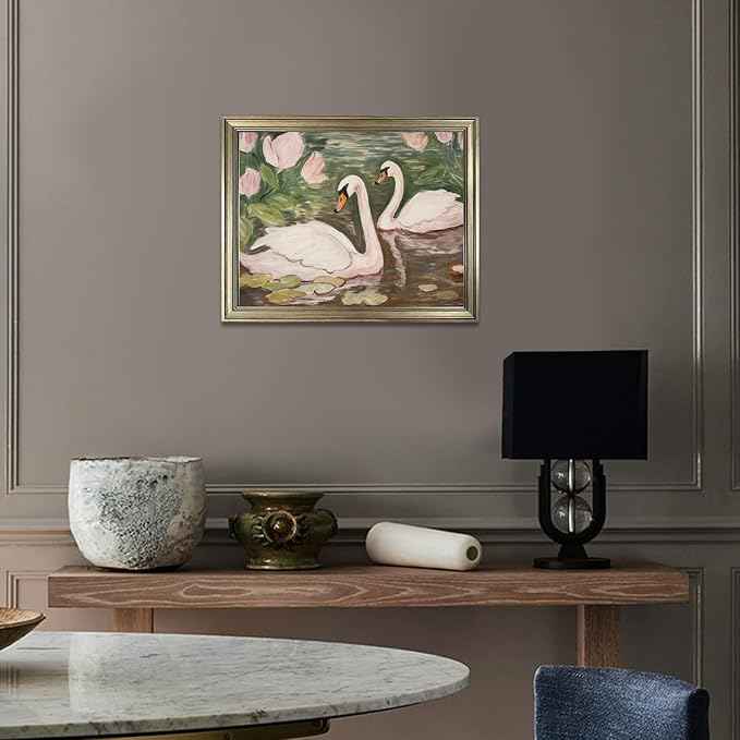 Vintage Framed Swan Decor Wall Art Pink and Green Girls Room Decor Girly Office Canvas Print Painting