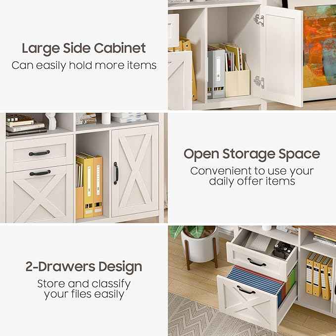 Vabches Lateral File Cabinet, Farmhouse 2 Drawer File Cabinet with Open Storage Shelf for Letter/Legal/A4 Size Hanging Files, Large Wood Storage Cabinets Printer Stand for Home Office, White