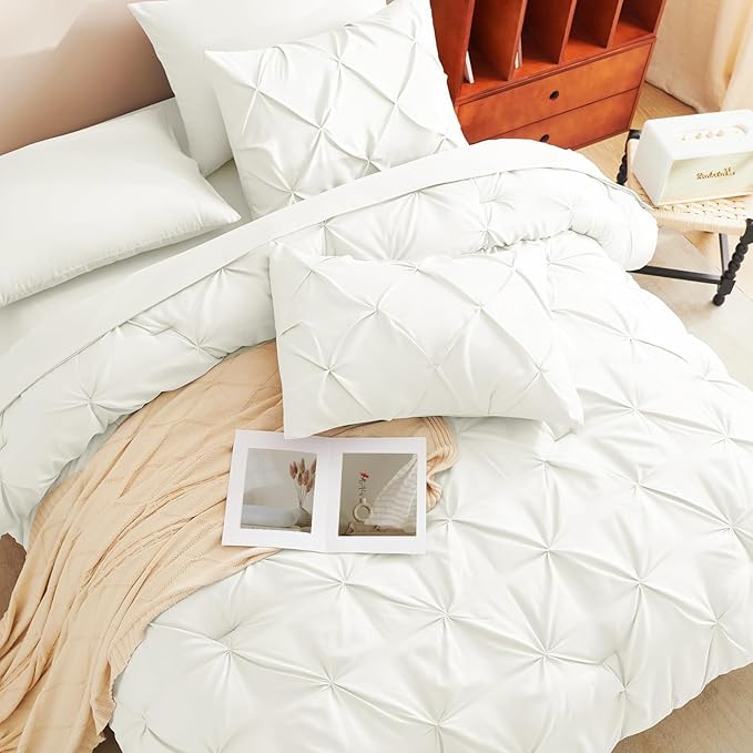 CozyLux Queen Comforter Set Ivory, 7 Pieces Pintuck Bed in A Bag, Premium Ivory Comforter Queen Size, Pinch Pleat Bedding Sets with Comforter, Sheets, Pillowcases & Shams