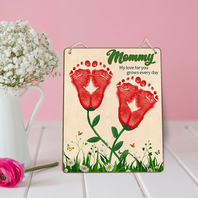 DIY Custom Baby Footprint Flowers Art Craft Gifts for Mom, Baby's First Mothers Day Footprints Sign, Baby Kid Toddler Foot Print Keepsake Mother's Day for Mommy Gifts, My Love for You Grows Every Day
