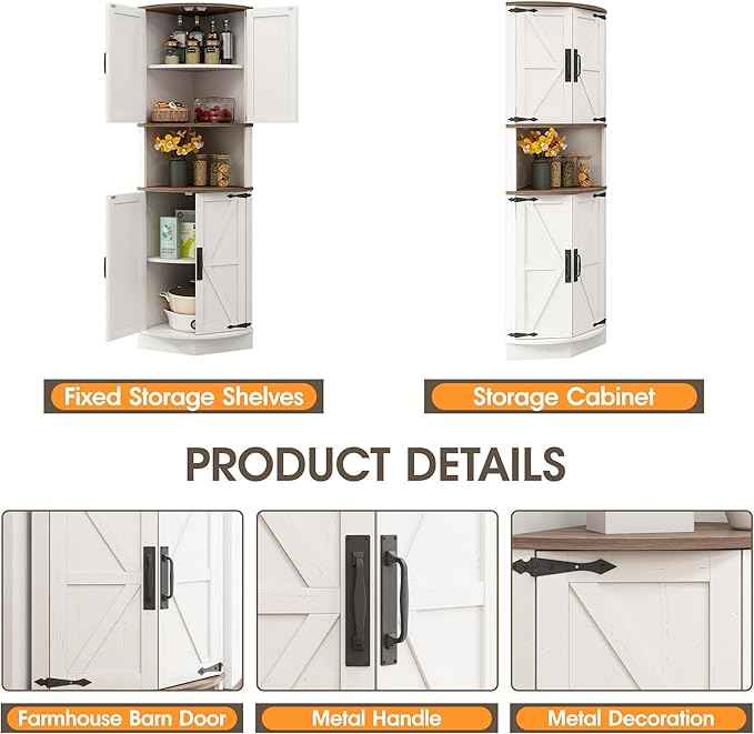 Vabches 64.8" Tall Farmhouse Corner Cabinet with 4 Doors and 5 Storage Shelves, Farmhouse Storage Cabinet with Barn Door Design, Home Space Saver for Living Room, Kitchen, Laundry Room,White