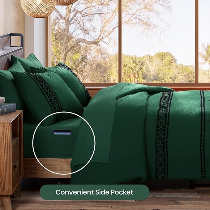 MaiRêve Embroidery Comforter Set, Boho Farmhouse Western Bedding Set, All Season Bed in A Bag Comforter Set with Sheets, Pillowcases & Shams, Emerald Green Queen 7 Pieces
