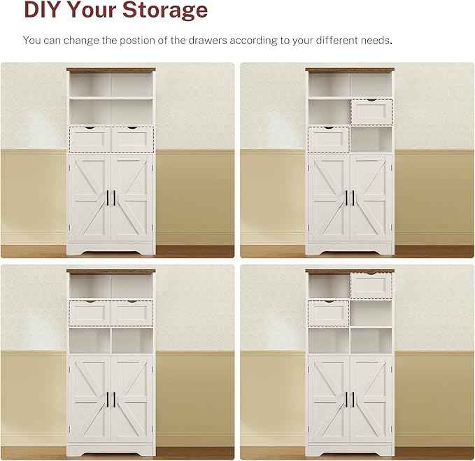 TEENFON Storage Cabinet with Doors & 2 Drawers, Kitchen Cabinet with Adjustable Shelf, Pantry Cabinets, Bathroom Cabinets, for Living Room, Entryway, Home Office, White