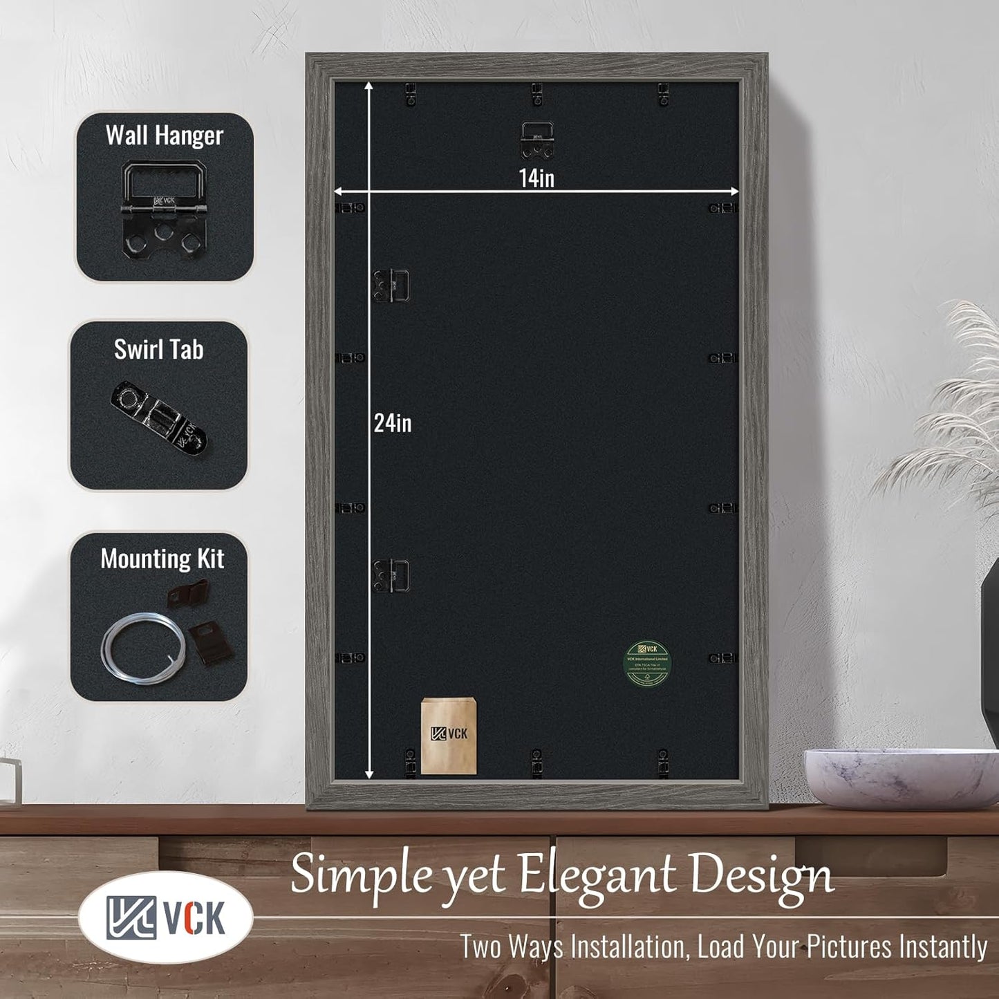 VCK 14x24 Frame 3 Pack, Gray Solid Wood Picture Frame, Exclusive Wood Grain, Wall Gallery Frame