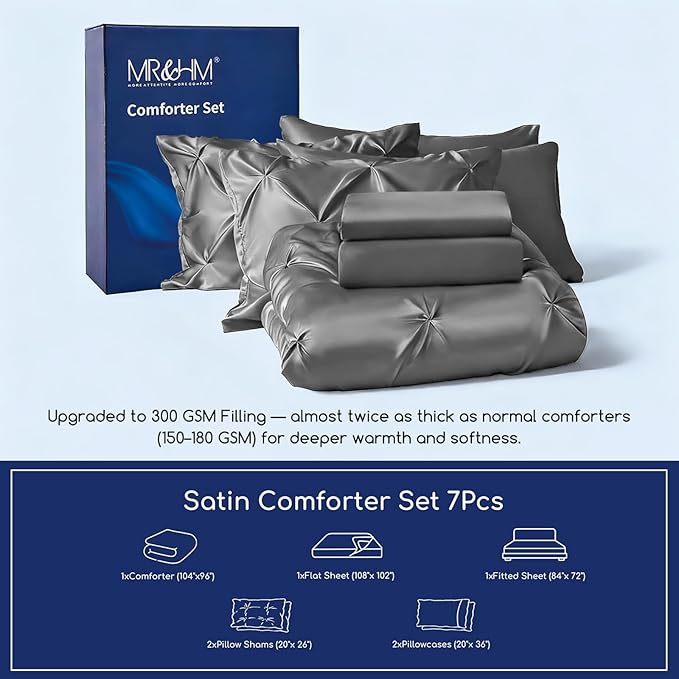 MR&HM Satin Comforter California King 7 Pieces Dark Grey - Luxurious Pinch Pleat Bedding Set with Comforter, Flat Sheet, Fitted Sheet, Pillowcases & Shams, Super Silky Soft Bed Set for All Season