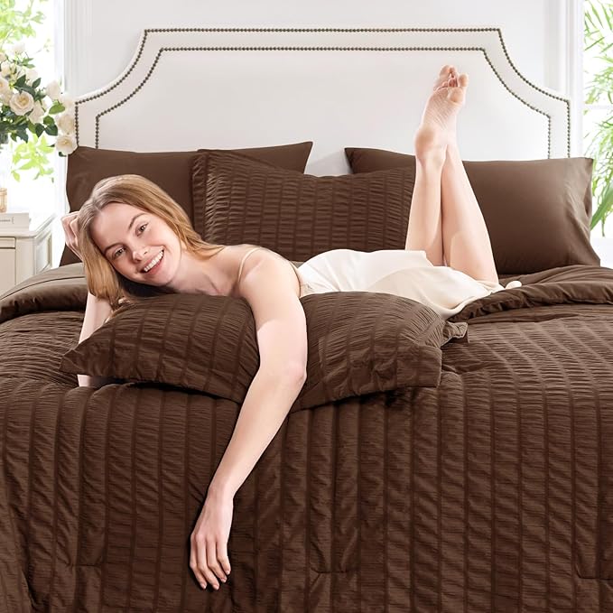 CozyLux Oversized King Comforter Set Brown Seersucker 7 Pieces 120x98 Bed in a Bag Comforter Set with Sheets, Luxury Soft Bedding Sets with Down Alternative Comforter, Sheets, Pillowcases & Shams
