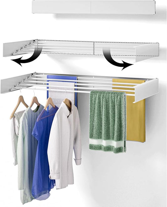 Wall Mounted Drying Rack 40",Laundry Drying Rack Collapsible, Retractable Clothes Drying Rack, 5 Aluminum Rods, 60 lb Capacity, with Wall Template, Screw, Drill Bit (White 40" Large)