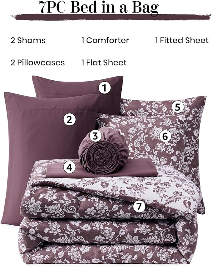 Full Comforter Set -7 Pieces Floral Dark Purple Comforter Set for All Seasons, Bed in a Bag Full with Botanical Flowers Comforter, Sheets, Pillowcases & Shams