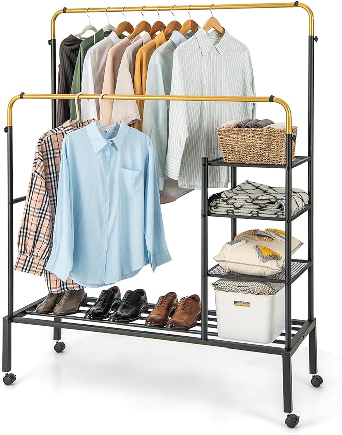 Tangkula Rolling Double Rods Garment Rack, Clothes Drying Rack with Height Adjustable Hanging Bars, Storage Shelves & Lockable Wheels, Heavy-duty Steel Clothing Rack for Indoor & Outdoor Use (Gold)