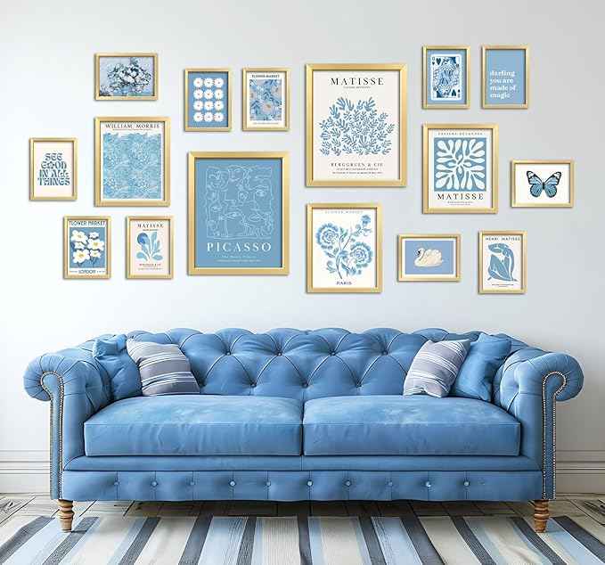 16 PCS Blue Wall Art Decor, Matisse Gallery Wall Prints for Bedroom, Light blue posters for Room Aesthetic, Collage Kit Pictures for Living Room, Teen Girls Dorm Home Artwork