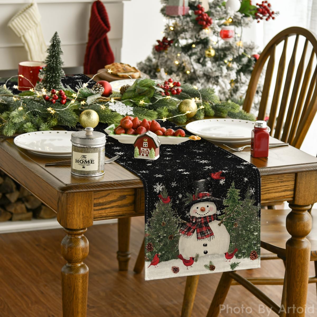 Artoid Mode Snowman Birds Trees Christmas Table Runner, Seasonal Black Winter Holiday Kitchen Dining Table Decoration for Home Party Decor 13 x 48 Inch