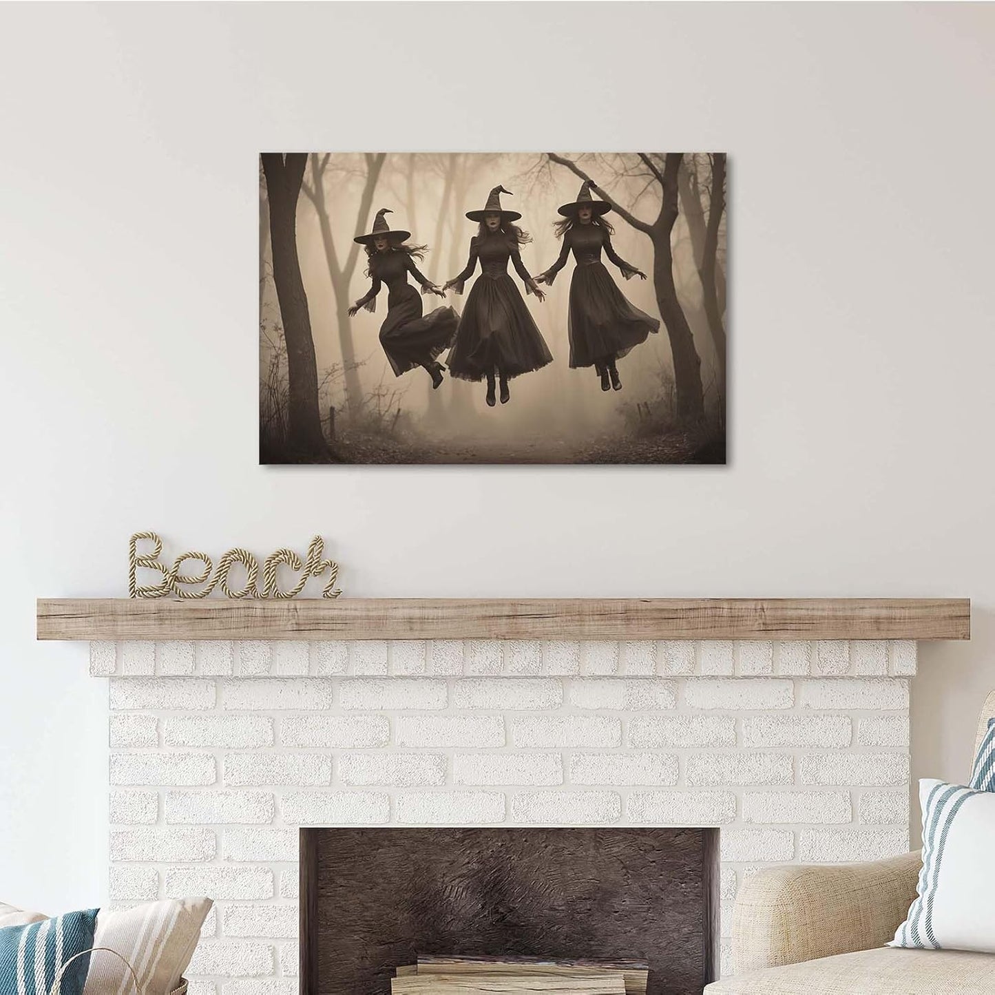 JFHCQJPK Three ghost witches flying in vintage forest gothic wall art witchcraft decoration holiday gift canvas wall art print8x12in Frameless