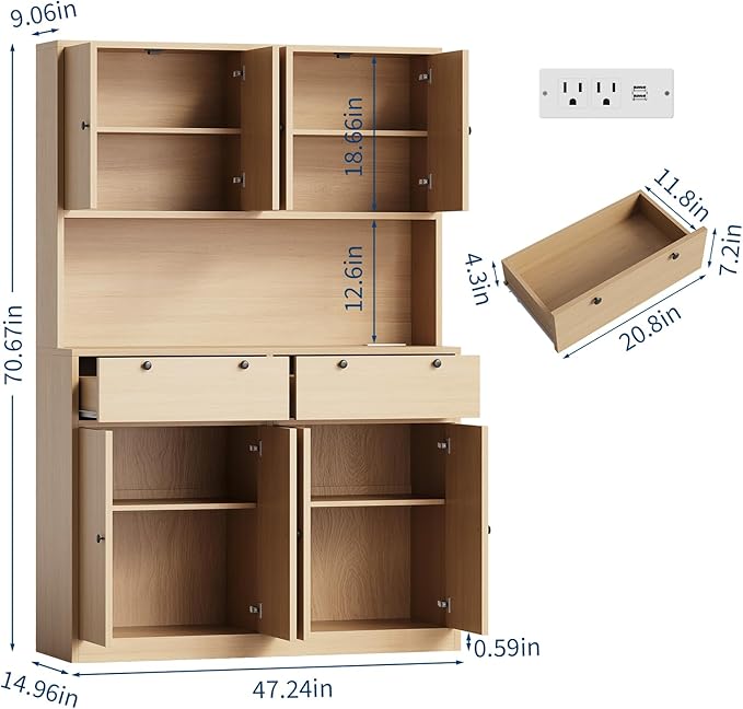 Garvee 71" Tall Kitchen Pantry Storage Cabinet with Charging Station, Food Hutch with Drawers, Doors, Shelves, and Countertop for Dining Room
