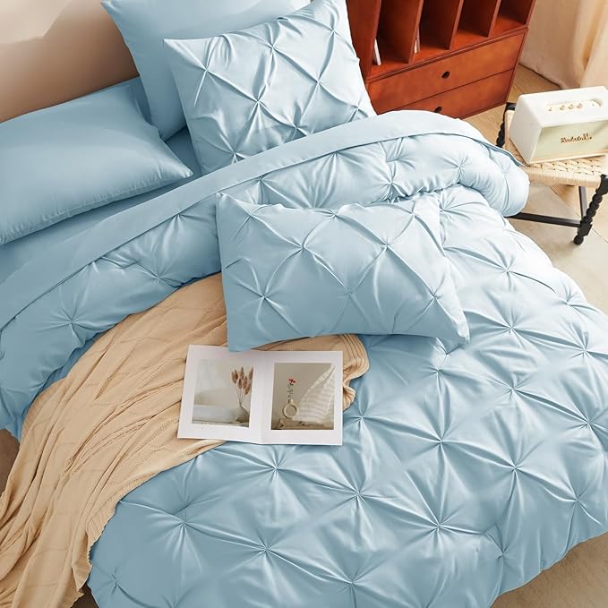 CozyLux Full Size Comforter Sets Light Blue, 7 Pieces Pintuck Bed in A Bag Blue Comforter Full Size, Pinch Pleat Bedding Sets with All Season Comforter, Sheets, Pillowcases & Shams