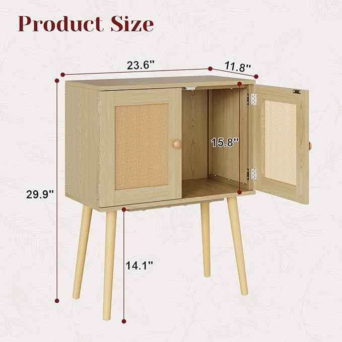 Sideboard Buffet Kitchen Storage Cabinet , Small Coffee Bar Cabinet with Rattan Doors and Tall Solid Wood Legs, Boho Accent Media Console Credenza Cabinet for Entryway,Living Room,Kitchen, Small Space