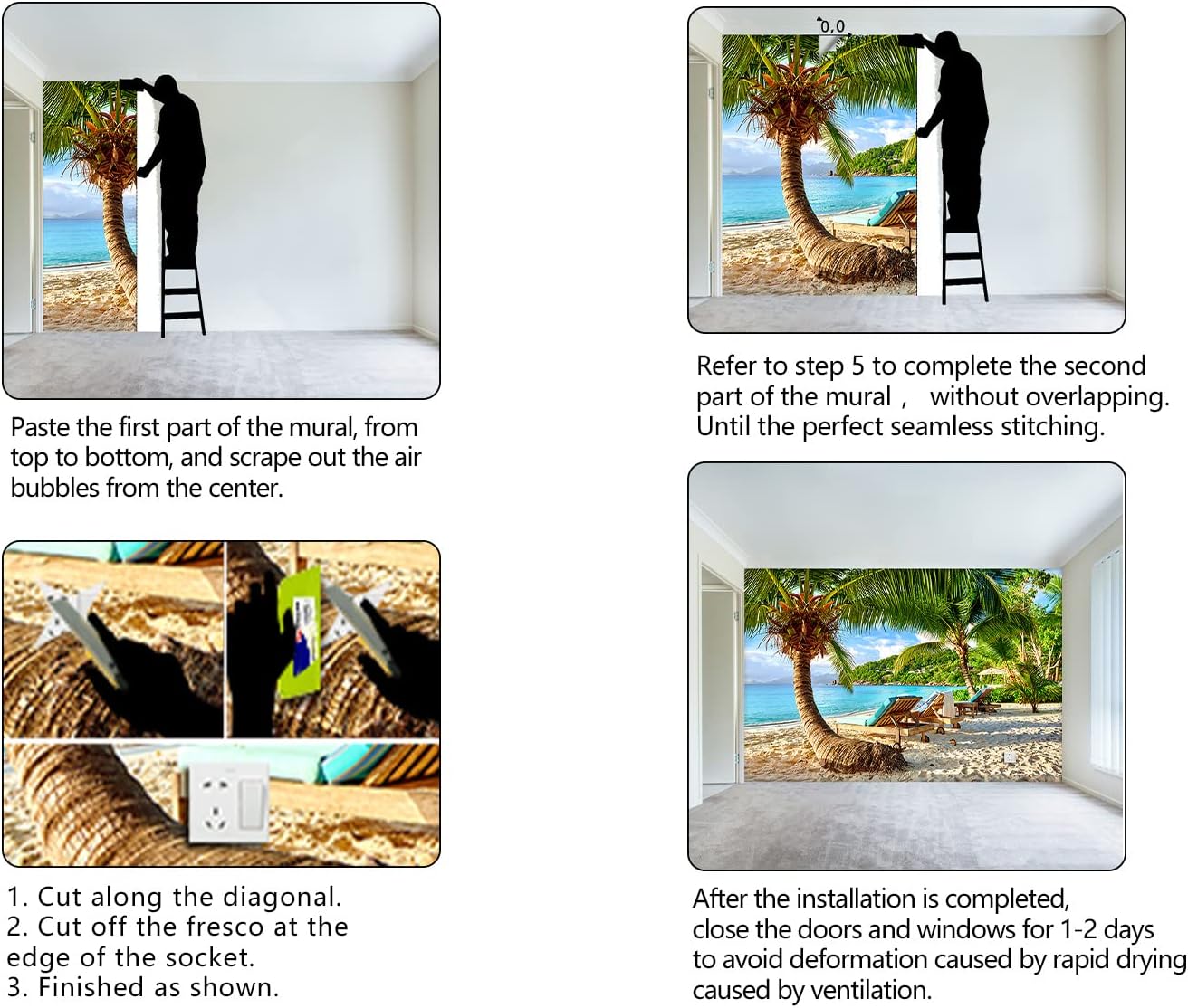 Classy Beach Backdrop Wallpaper for Bedroom Palm Tree Large Wall Mural Living Room Beach Scene Adhesive Fabric Decor - 160"x108"（Not Peel and Stick）