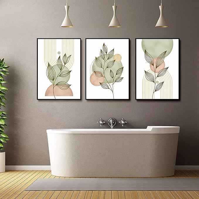 3Pcs Sage Green Boho Canvas Wall Art Modern PinkBotanical Posters Print Abstract With Leafr Pictures Wall Decoration For Living Room Bedroom Bathroom UnFramed