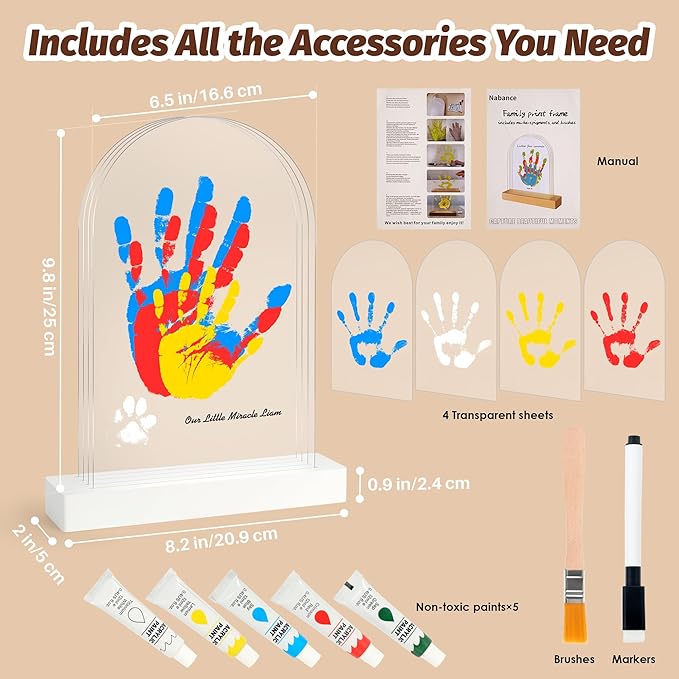 Family Handprint Kit, DIY Baby Hand and Footprint Handmade Keepsake Kit, Family Gifts with 5 Non-Toxic Baby-Safe Paint, Ideas Gift for New Parents, Father's Day, Mother's Day (4 Pages Acrylic Boards)