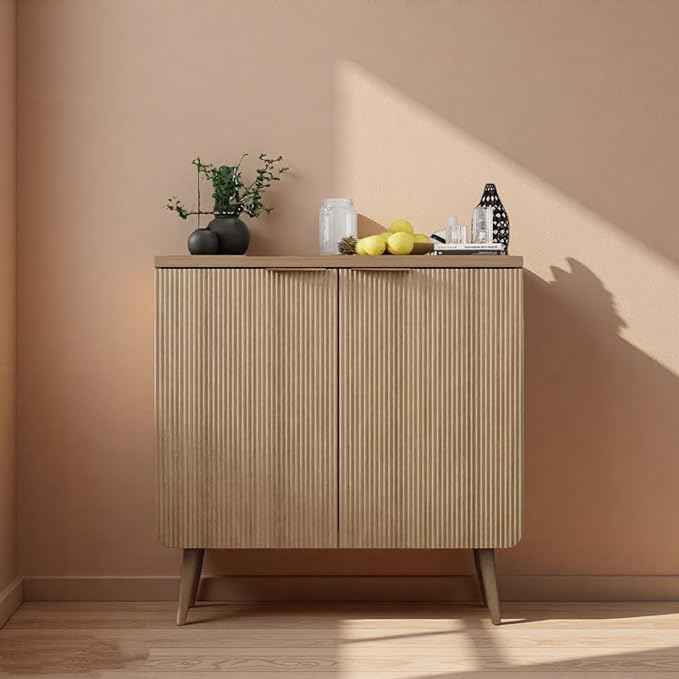 29.5" Modern Fluted Sideboard Cabinet with 2 Doors, Wood Storage Credenza with Shelves, Multi-Purpose Buffet Cabinet for Entryway, Dining & Living Room, Natural Wood