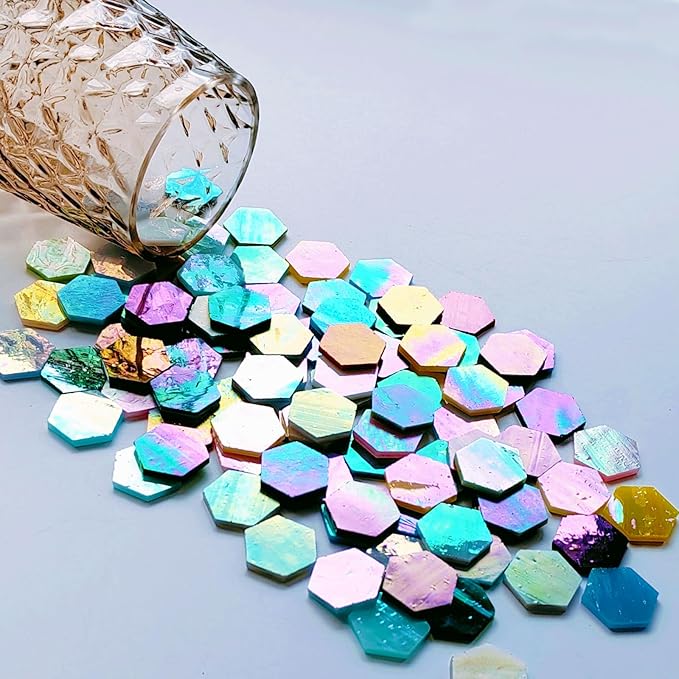 100 pcs Hexagon Iridescence Stained Glass Pieces Mosaics Tiles for Crafts Bulk, Hand Precut Mosaic for Bee Honeycombs, Mosaic Kits for Adults
