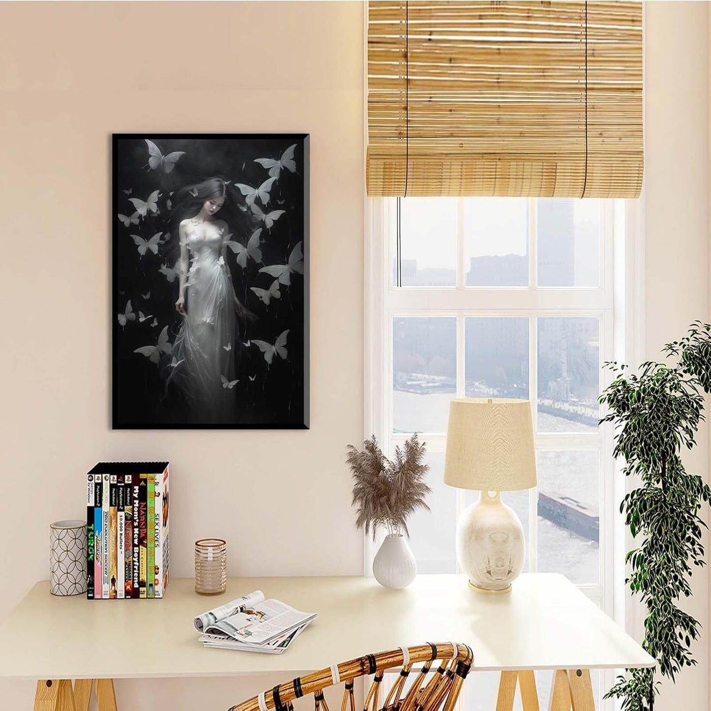 JFHCQJPK Vintage Gothic Feminine Canvas Wall Art Print Butterfly Poster Moody Female Wall Art Retro Artwork Dark College Decor for Home Bedroom16x24in Metal blackFramed