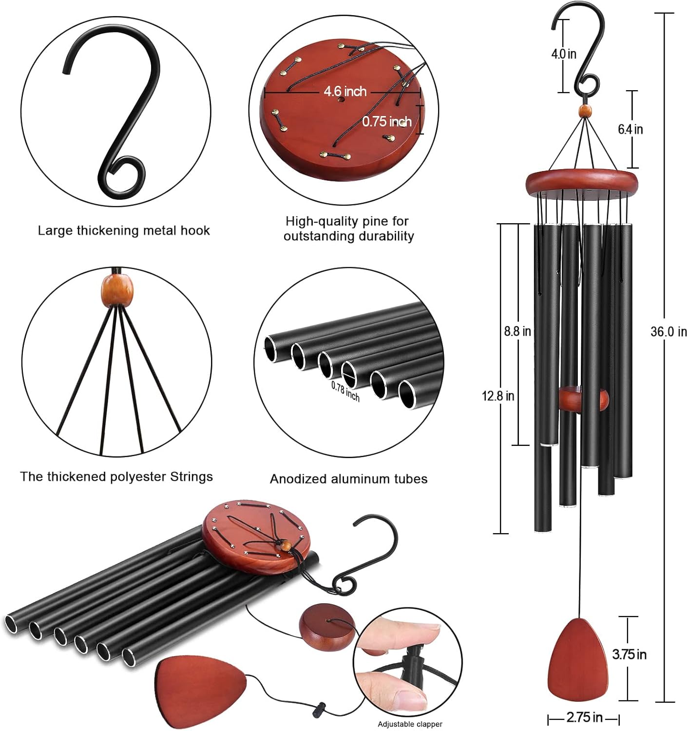 Large Aluminium Wind Chimes Outside, Soothing Melodic Memorial Sympathy Wind Chime, Suitable Outdoor Garden Decor, Gift for Mom Women Neighbors (Black Wind Chimes-36 in)