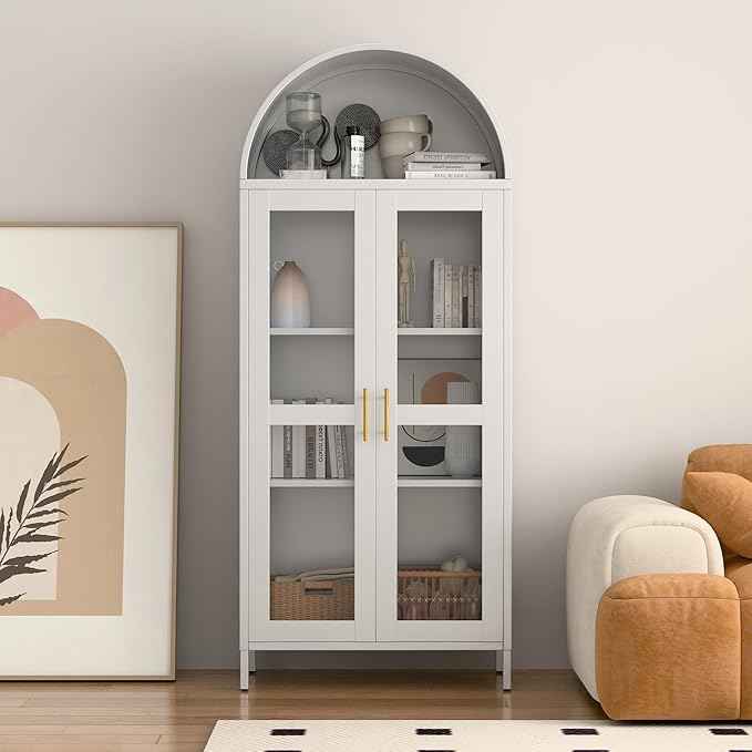 Metal Arched Cabinet with Glass Doors,White Tall Arched Bookcasefor Living Room, Home, Office, Assembly Required