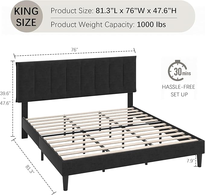 VECELO King Size Bed Frame with Upholstered Headboard, Heavy-Duty Bedframe with Strong Wooden Slats Support, No Boxing Spring Needed, Black