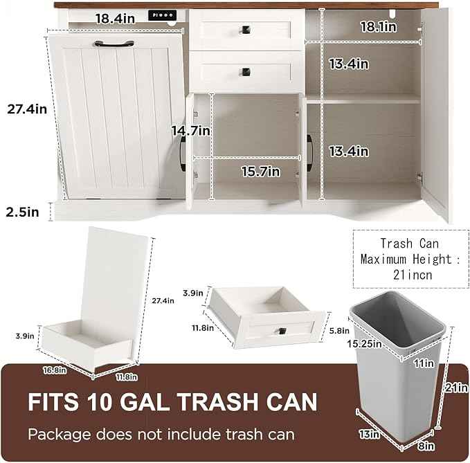 Vabches Farmhouse Buffet Cabinet with Tilt Out Trash Can, 55" Coffee Bar Cabinet&Sideboard with Storage and Drawers, Hidden Garbage Cabinet for Kitchen, Rustic White