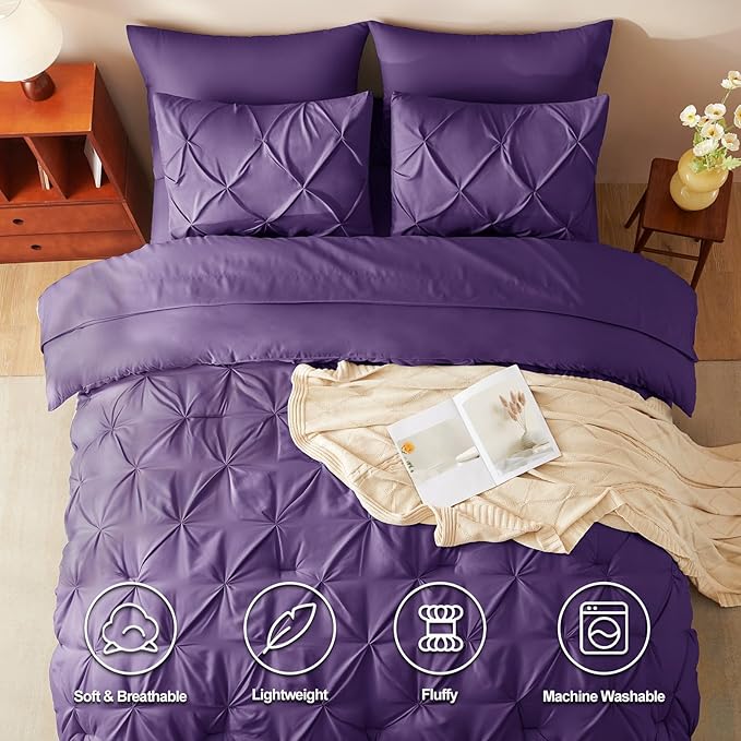 CozyLux Full Size Comforter Sets Purple, 7 Pieces Pintuck Bed in A Bag Purple Comforter Full Size, Pinch Pleat Bedding Sets with All Season Comforter, Sheets, Pillowcases & Shams