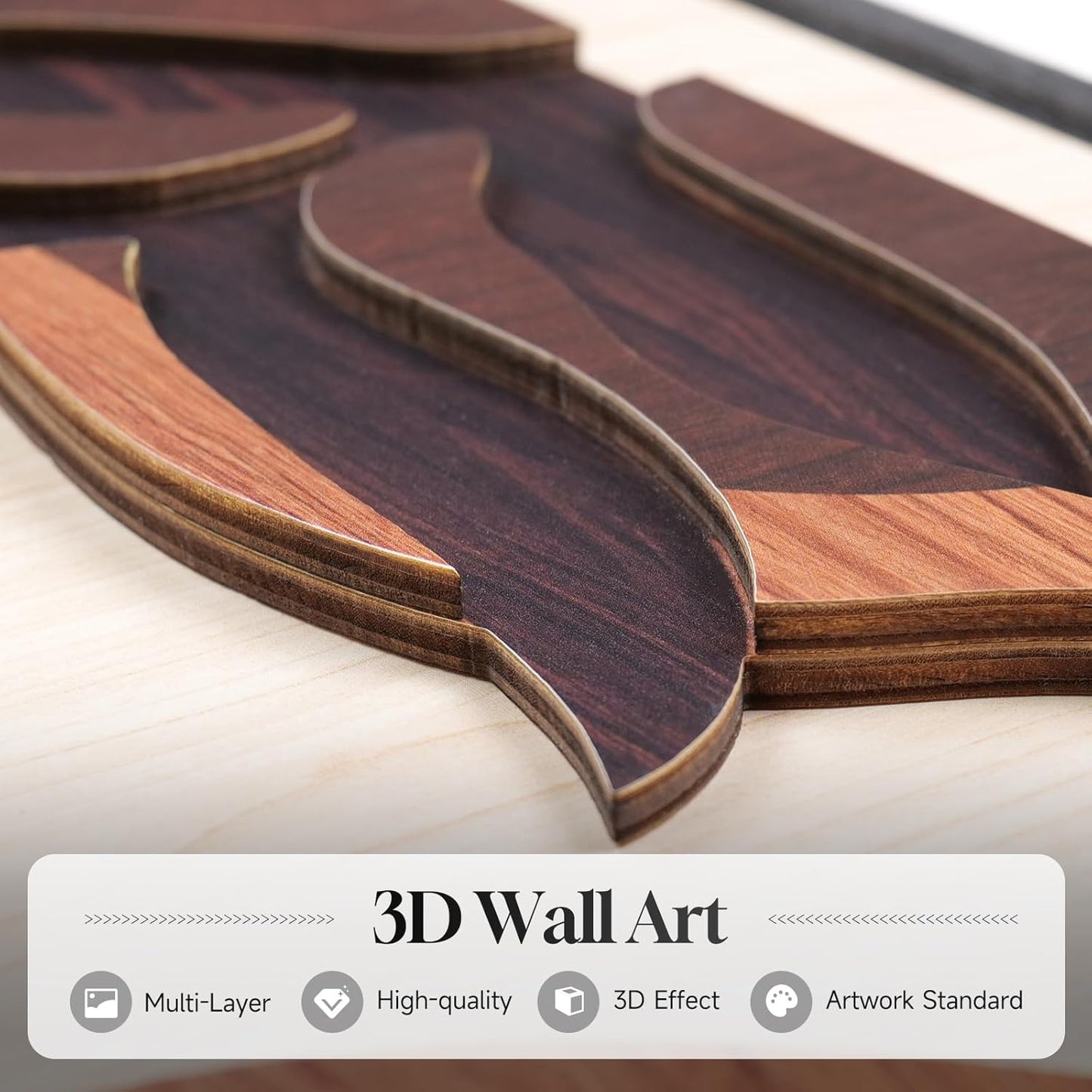 Framed Textured Wood 3D Wall Art for Living Room, Large Boho Tropical Brown Artwork for Walls, 3 Piece Farmhouse Botanical Leaf Wood 3D Textured Wall Art Decor for Office Bedroom Hallway, 24x36 Inch