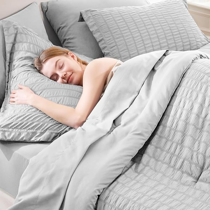 CozyLux Queen Comforter Set Light Grey Seersucker 7 Pieces Bed in a Bag Queen Comforter Set with Sheets Luxury Soft Bedding Set with Down Alternative Comforter, Sheets, Pillowcases & Shams All Seasons
