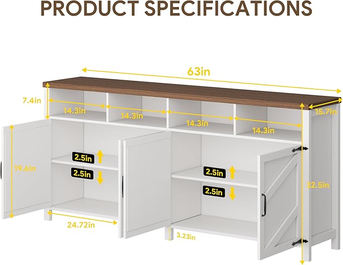 63'' Buffet Sideboard with Storage Farmhouse with 4 Doors, Large Kitchen Storage Cabinet Wood Coffee Bar Cabinet Buffet Table with Shelves for Kitchen, Dining Room, Entryway